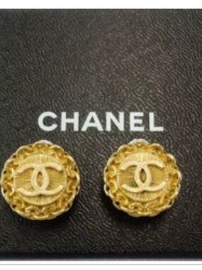 CHANEL Gold Logo CC Medallion Chain Button Clip on Earrings
